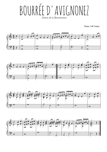 Téléchargez l'arrangement pour piano de la partition de Bourrée d'Avignonnez en PDF